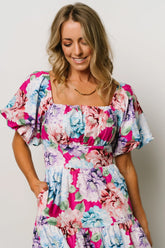 Iva Puff Sleeve Midi Dress | Fuchsia Multi Floral